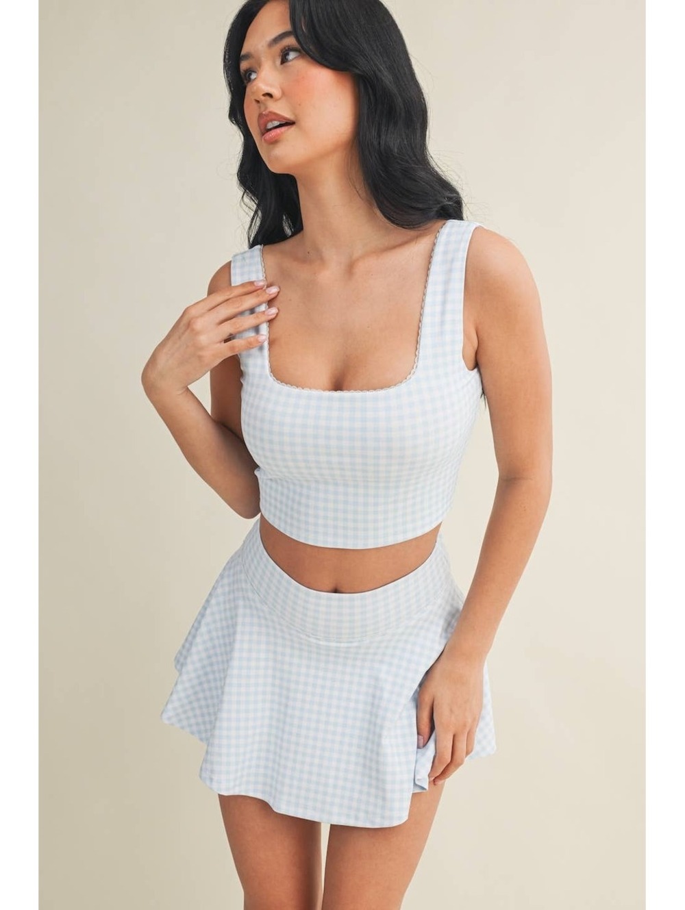 Gingham Print Crop Tank with Lace Trim
